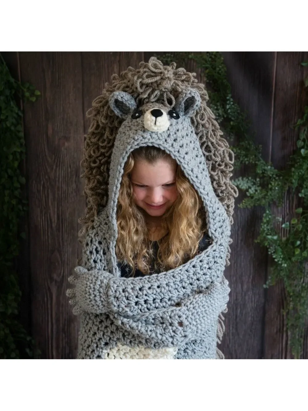 HAND MADE Kids Crochet Animal Squirrel Hooded Blanket Grey Black White Tan